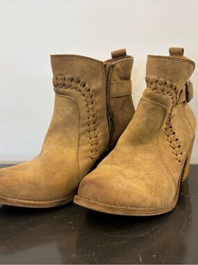 Roxy Chestnut Suede Ankle Booties with Braided Stitch Trim